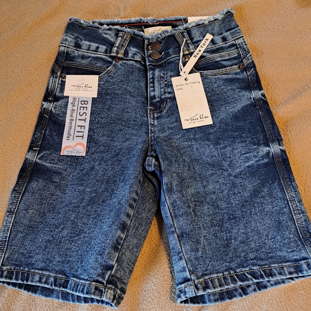 NWT Vince Denim Shorts Sz 1 Dark Wash Stretch Pockets Raw Waist High Rise